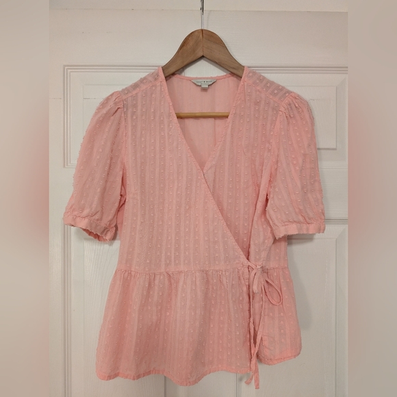 Lucky Brand Tops - Lucky Brand Pink Wrap Babydoll Top With Detailed Pattern Women's Size Medium